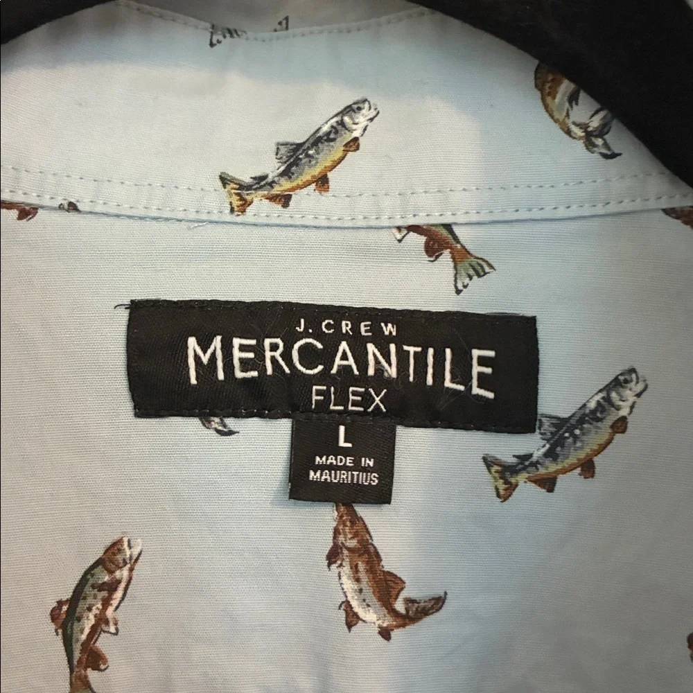 J Crew Mercantile Flex Shirt Bass Fish Printed Button Front Short Sleeve Shirt L